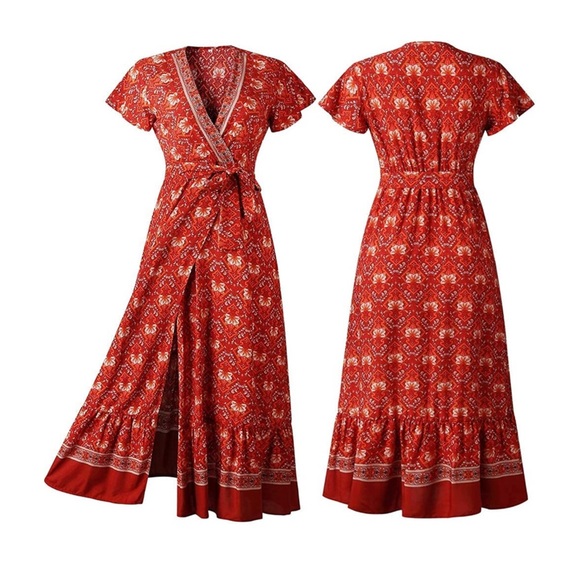 Boho Side Split Deep V Neck Maxi Dress - Picture 5 of 7